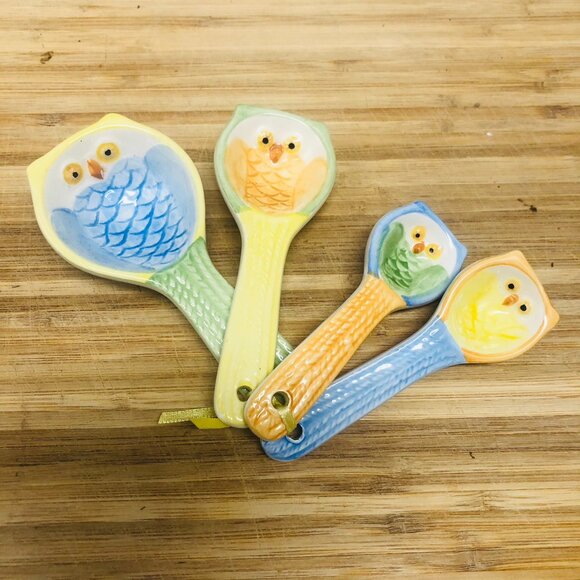 Ceramic Owl Measuring Spoon Set Colorful Hand-Painted Kitchen Decor Gift Utensil - Picture 2 of 3